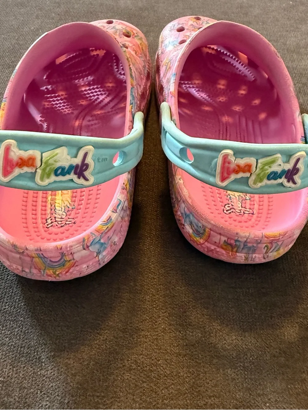 Lisa Frank Crocs Girls Size 2 Pink Floral Sandals - slip on- unicorns, rainbow